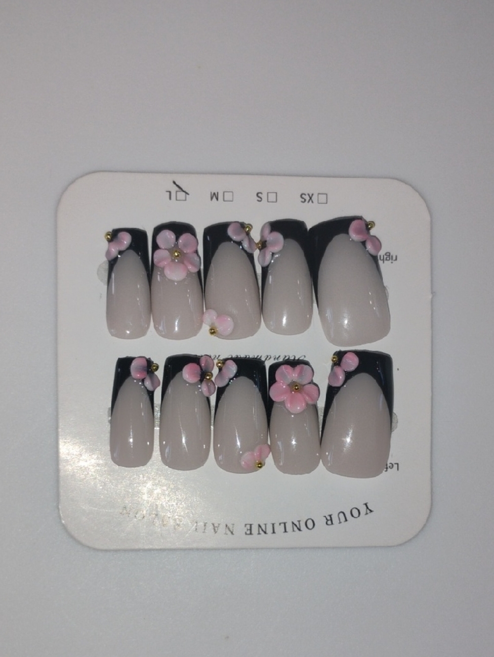 Neutral Pink Floral Black-Tip Press-On Nail Set